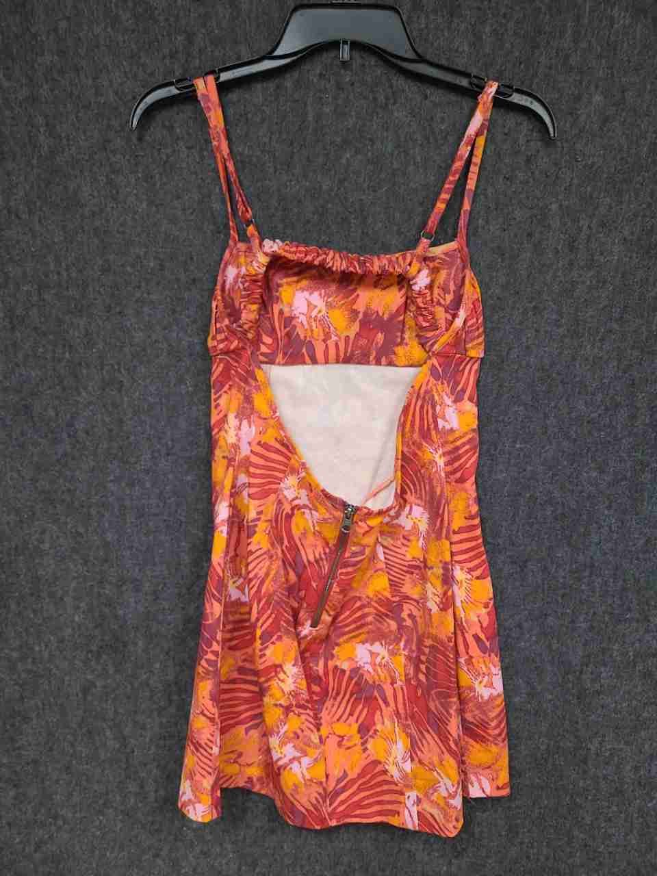 Women's Orange Tropical Print Mini Sun Dress Spaghetti Strap Cutout Back