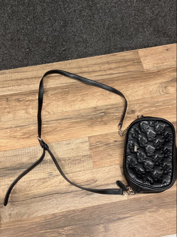 DKNY Black Logo Embossed Crossbody Camera Bag Small Gold Hardware