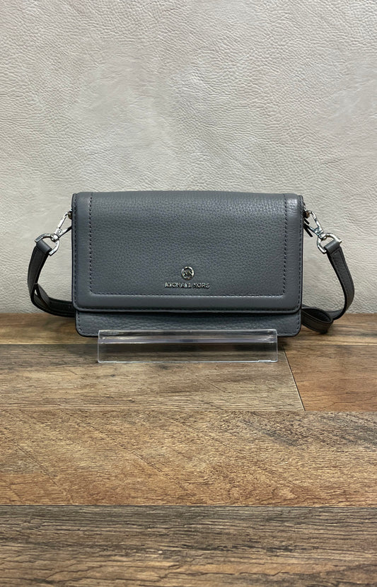 Michael Kors Grey Pebbled Leather Flap Crossbody Wallet Bag Silver Hardware