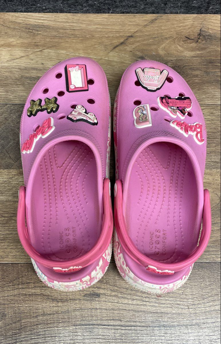 Crocs Barbie Classic Clog Pink White Patterned Sole with Charms Youth Size J4