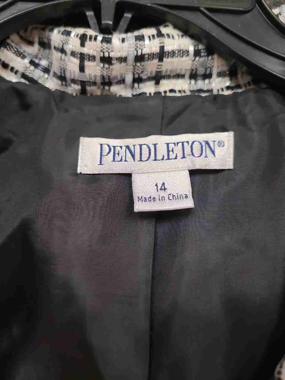 Pendleton Women's Pink Black White Tweed Plaid Open Front Blazer Jacket Sz 14
