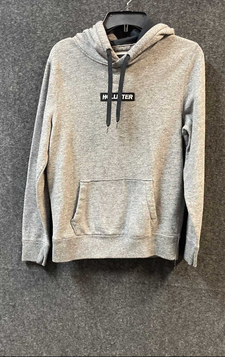 Hollister Men's Gray Heathered Box Logo Pullover Hoodie Sweatshirt Sz S