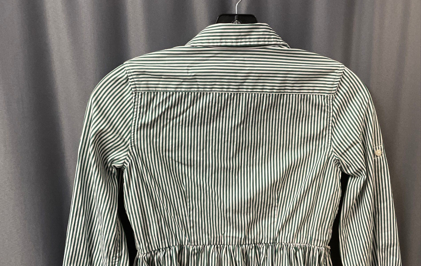 Polo Ralph Lauren Girls Green White Pinstripe Shirt Dress Roll Tab Sleeve Sz 12