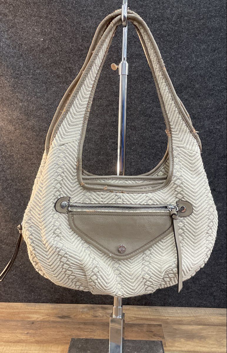 Simply Vera Vera Wang White Taupe Chevron Woven Hobo Shoulder Bag Faux Leather