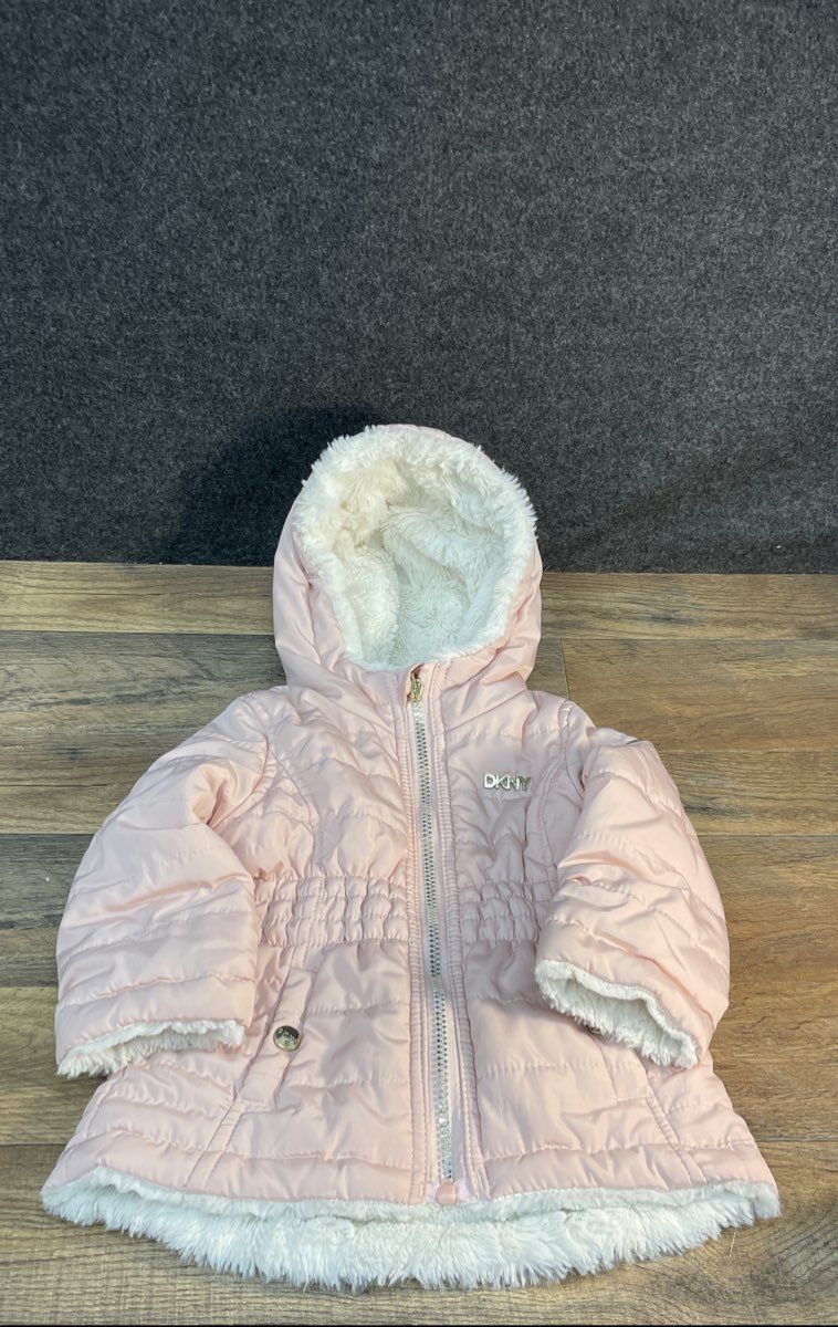 DKNY Girls Pink Hooded Puffer Jacket Fleece Lined Quilted