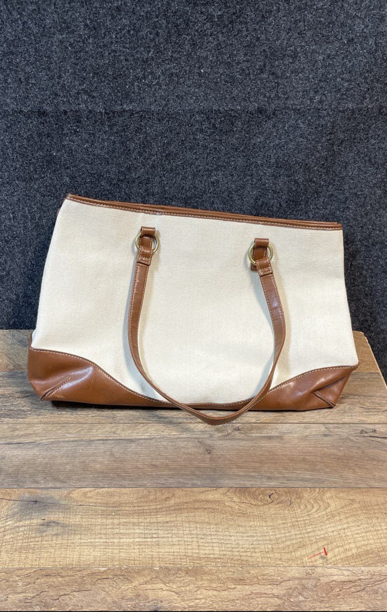 Coldwater Creek Cream Brown Canvas Faux Leather Trim Large Tote Shoulder Bag