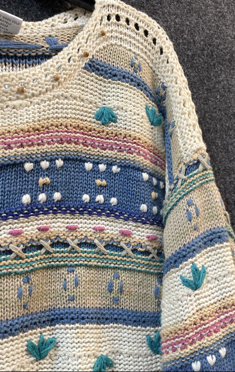 Orvis Women's Vintage 90s Knitted Striped Beaded Neckline Sweater Sz XL