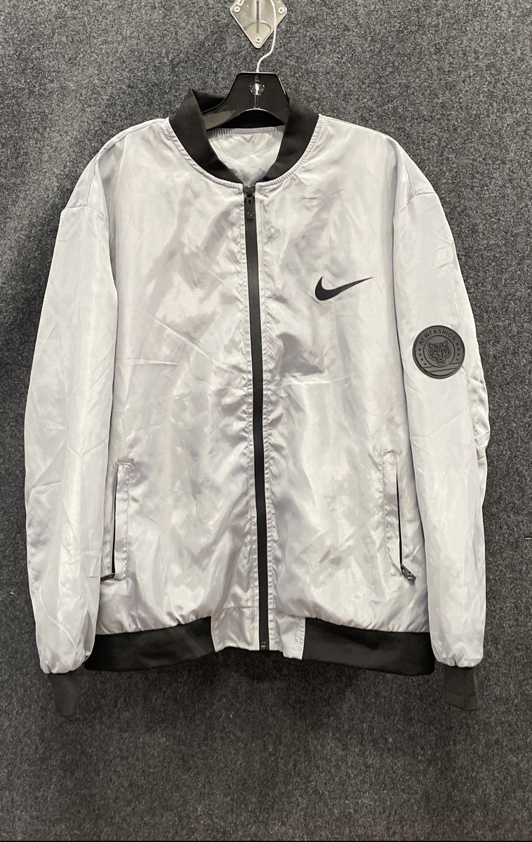 Nike Men's Grey Bomber Windbreaker Jacket Full Zip Tiger Sleeve Patch