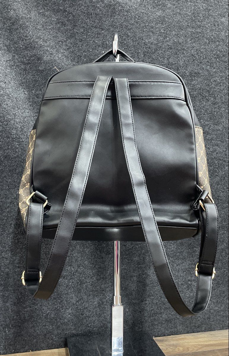 Unbranded Brown Black Leather Multi-Pocket Backpack Bag Gold Hardware