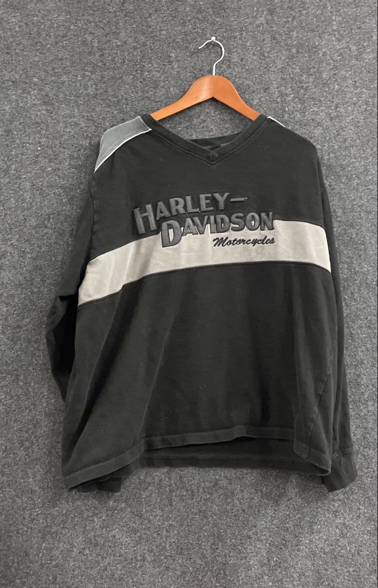 Harley-Davidson Motorcycles Long Sleeve V-Neck Jersey Shirt Black Grey Sz XL
