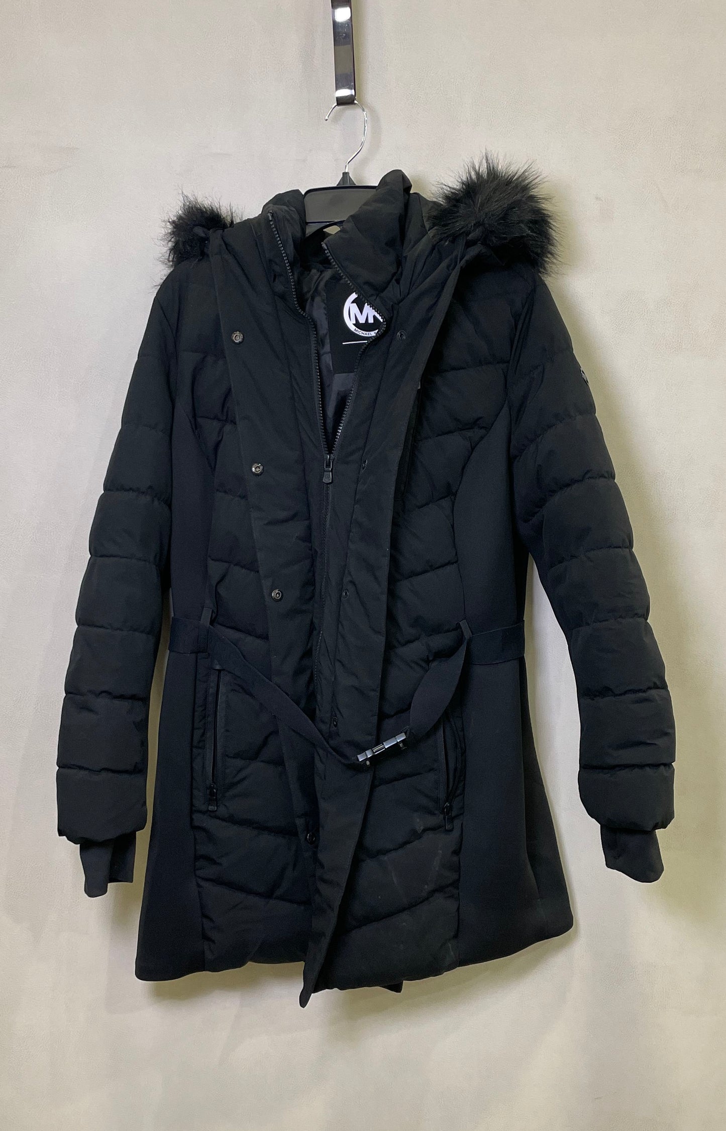 Michael Kors Women's Black Quilted Puffer Jacket Faux Fur Trim Hood Belted Sz 1X