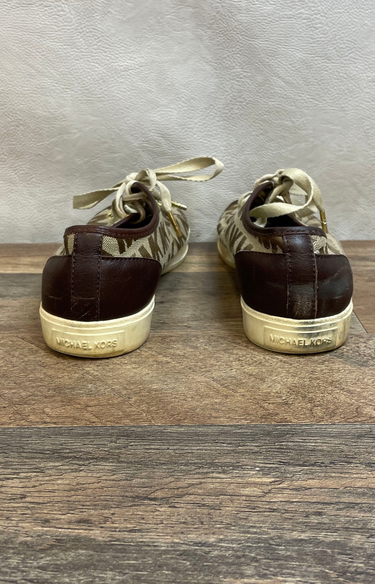 Michael Kors Logo Monogram Brown Leather Trim Low Top Sneakers Size 8M