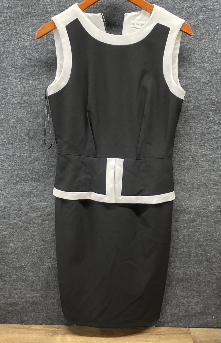 Calvin Klein Women's Black White Sleeveless Colorblock Peplum Sheath Dress Sz 4