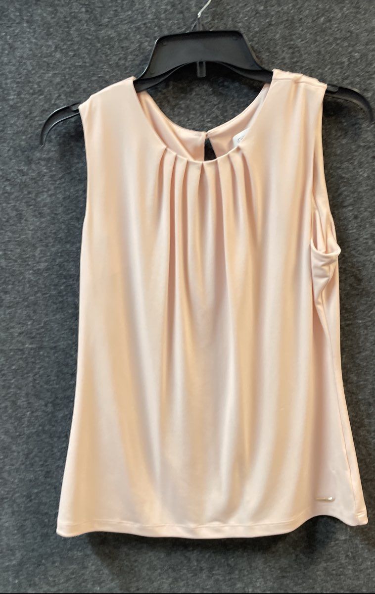 Calvin Klein Women's Pale Pink Sleeveless Pleated Keyhole Blouse Top Size S