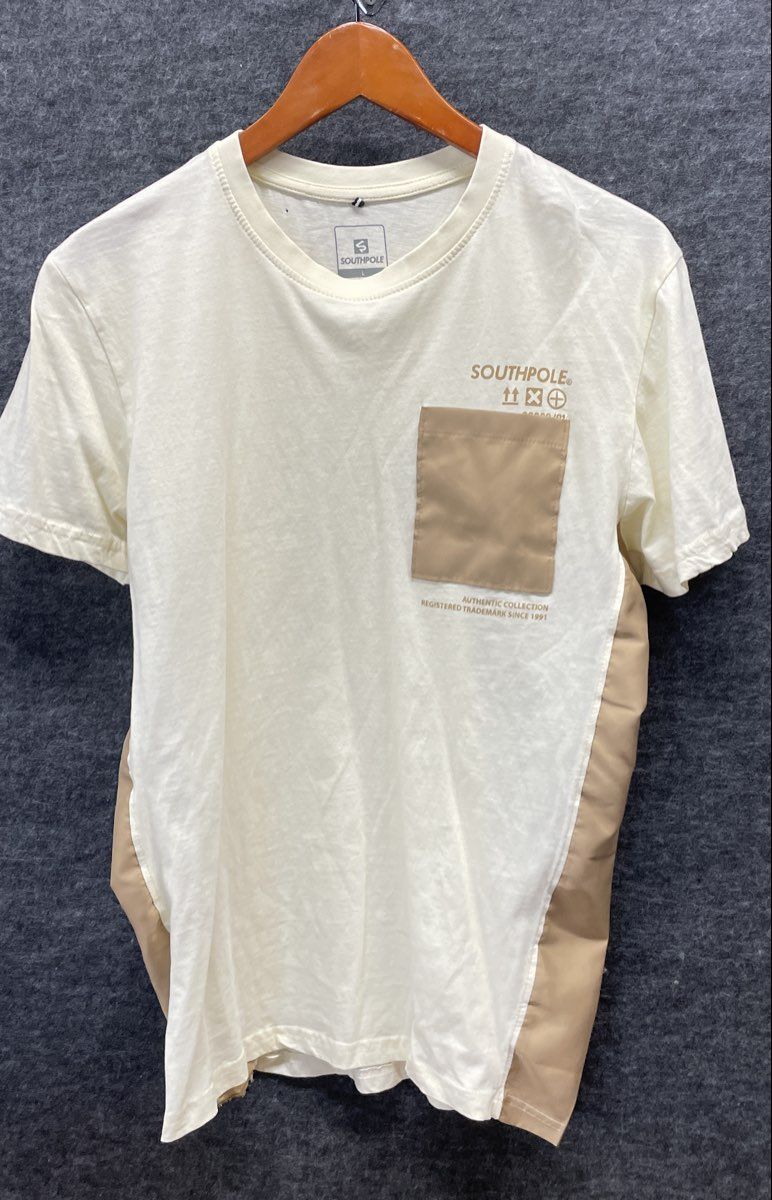 Southpole Men's Off-White T-shirt Contrast Tan Pocket Graphic Side Panels Sz L