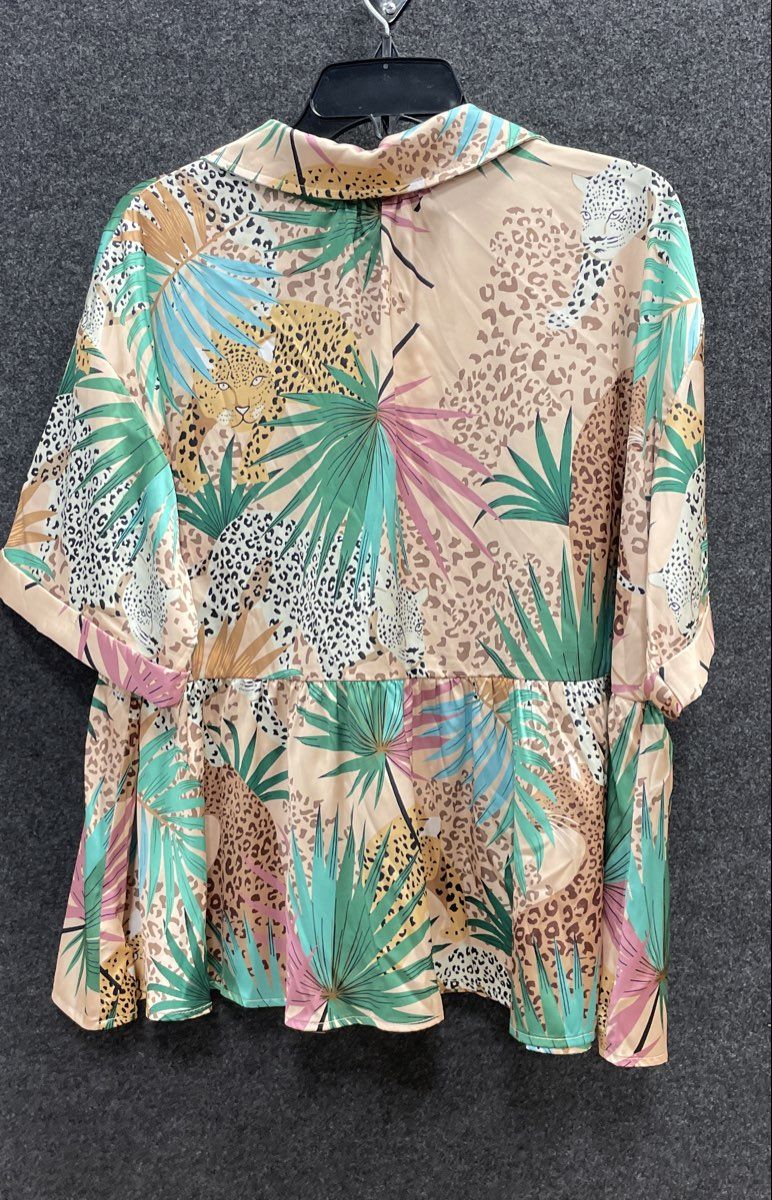 Entro Women's Tropical Leopard Print Button Up Peplum Top Blouse Sz L NWT