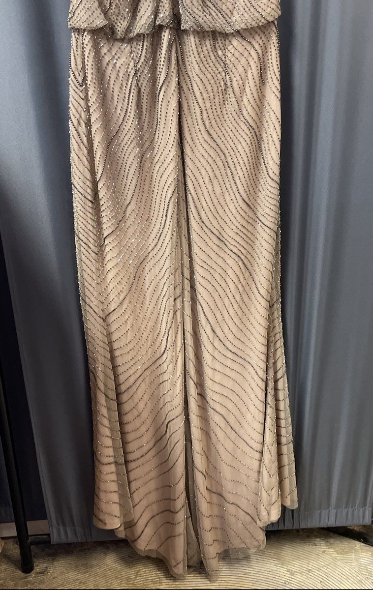 Adrianna Pappel Women's Tan Champagne Beaded Sequined Halter Gown Dress Sz 14P
