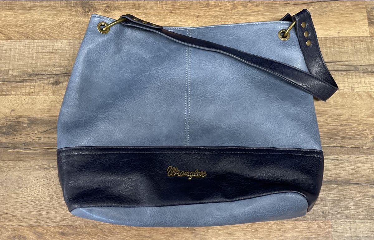 Wrangler Blue Two-Tone Textured Leather Hobo Shoulder Bag Brass Hardware