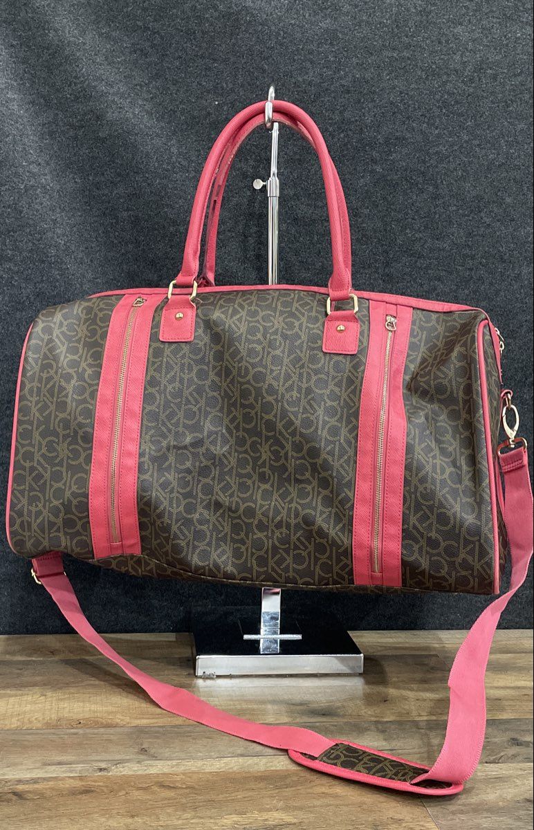Calvin Klein Brown Pink Monogram Leather Travel Duffle Bag Large Crossbody