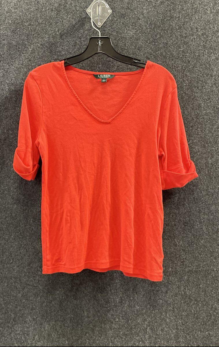 Lauren Ralph Lauren Women's Red V-Neck Cotton Cuffed Sleeve Shirt Top Sz L