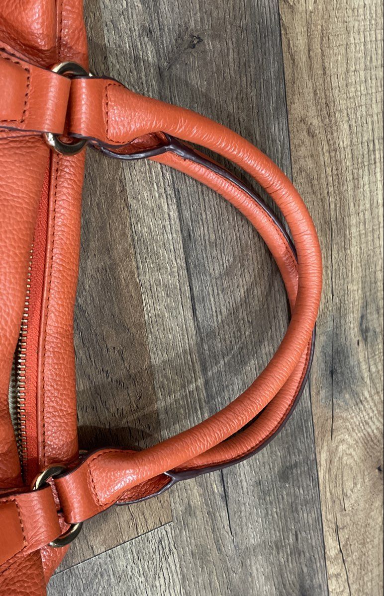 Ora Delphine Orange Pebbled Leather Satchel Handbag Gold Studs