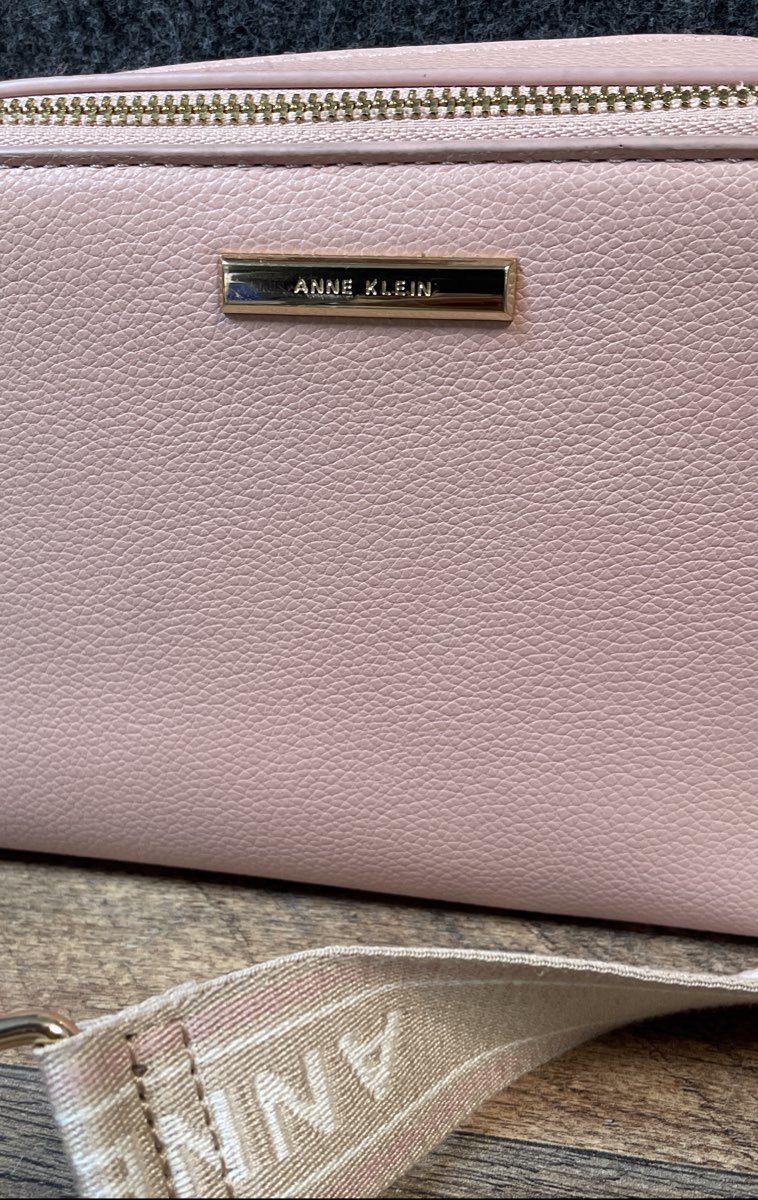Anne Klein Pink Pebbled Triple Compartment Crossbody Bag Gold Webbing Strap