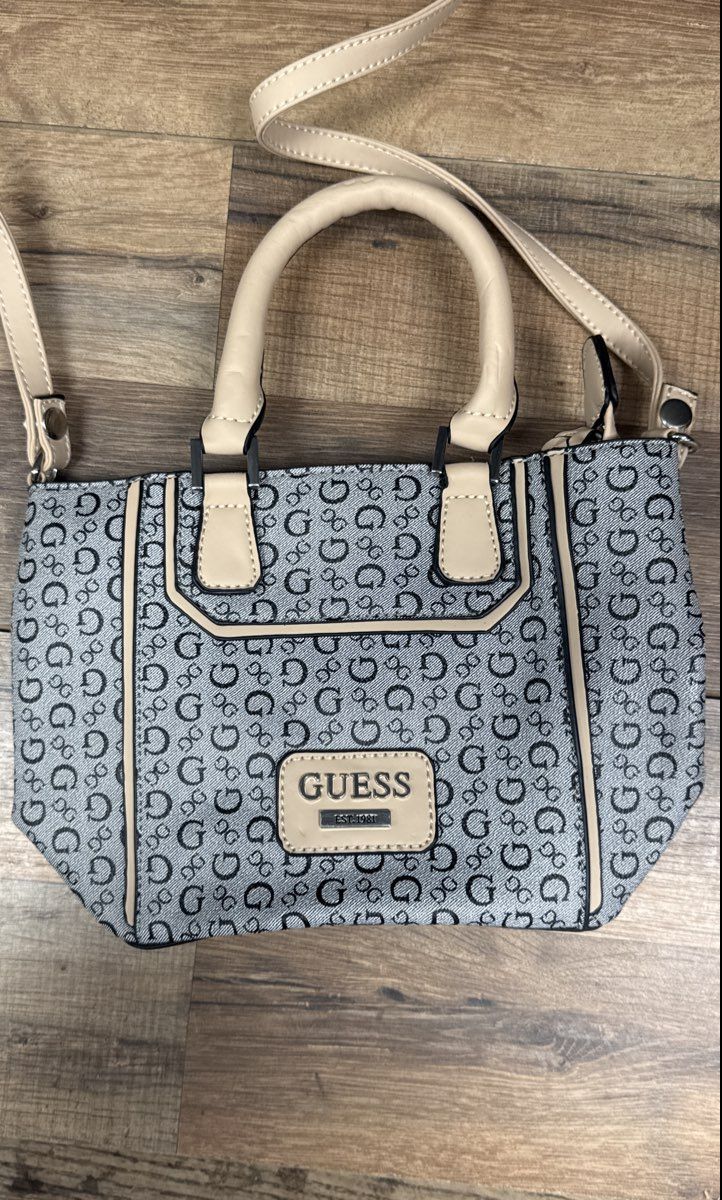 GUESS Grey Black Monogram Canvas Satchel Handbag Crossbody Bag Leopard Lining