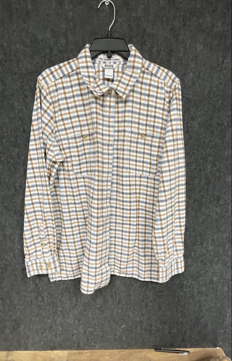 Duluth Trading Co Women's Free Swingin' Flannel Shirt Brown Blue Plaid Sz L