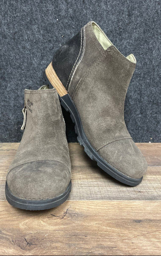 Sorel Medina Major Brown Suede Black Leather Ankle Boots Womens Size 7