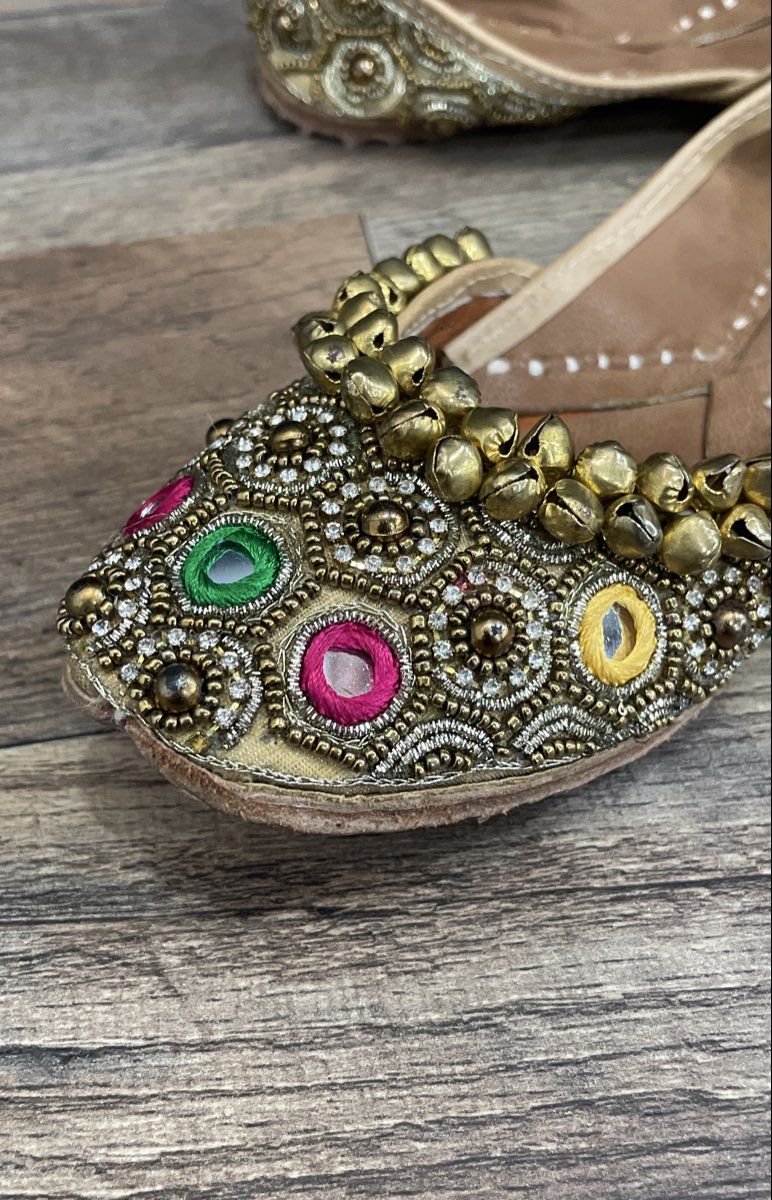 Traditional Indian Juttis Khussa Mojari Beige Gold Mirror Work Ghungroo Size 13