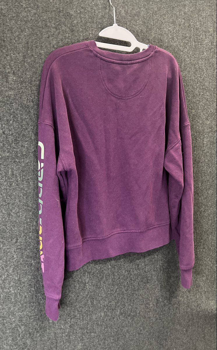 Carhartt Women's Purple Crewneck Sweatshirt Gradient Logo Sleeve Loose Fit Sz S
