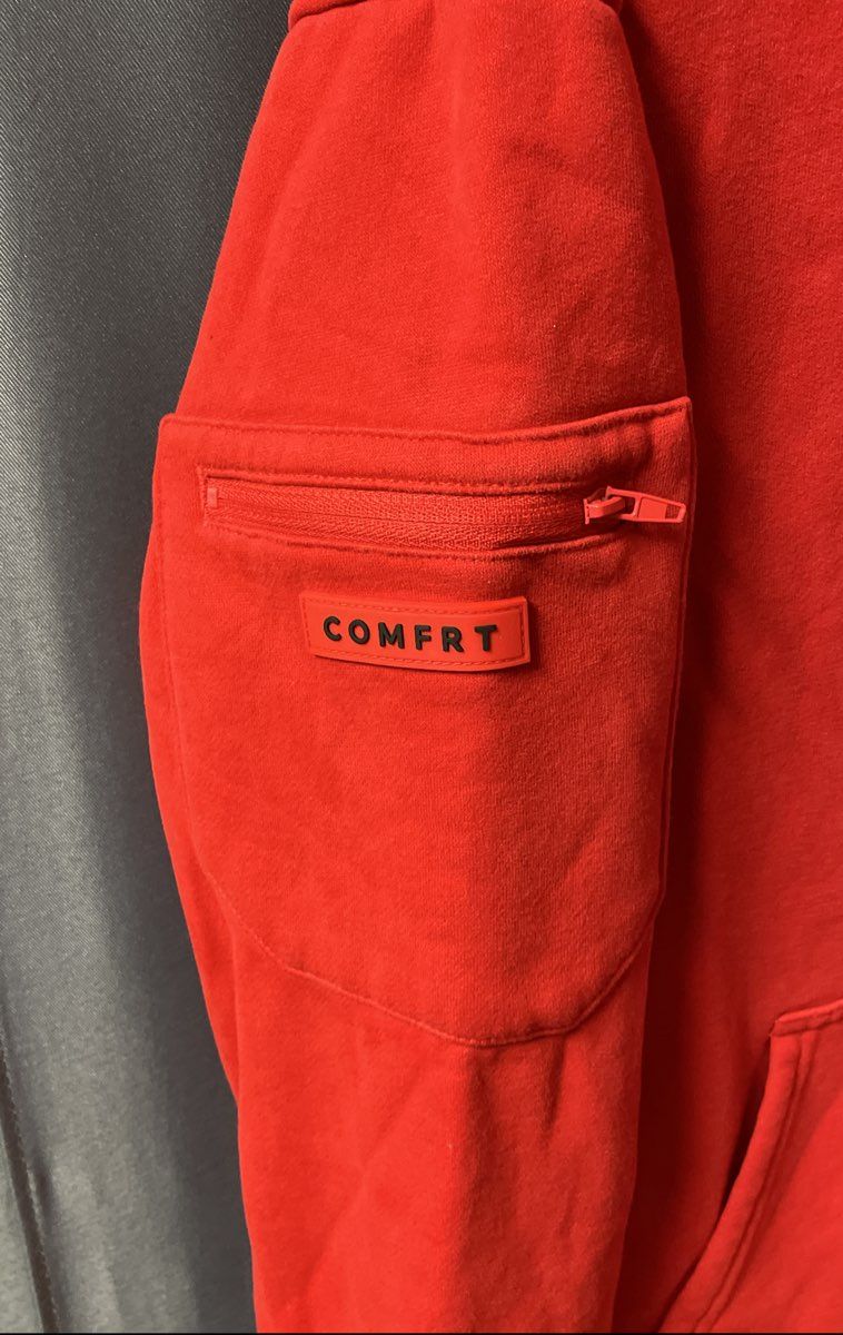 Comfrt Red Pullover Hoodie Heavyweight Utility Sleeve Pockets Sz XS
