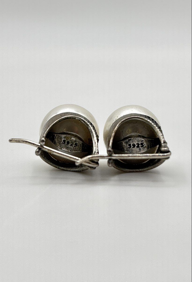 925 Sterling Silver Marcasite Accent Cap Faux Pearl Earrings 7.6g