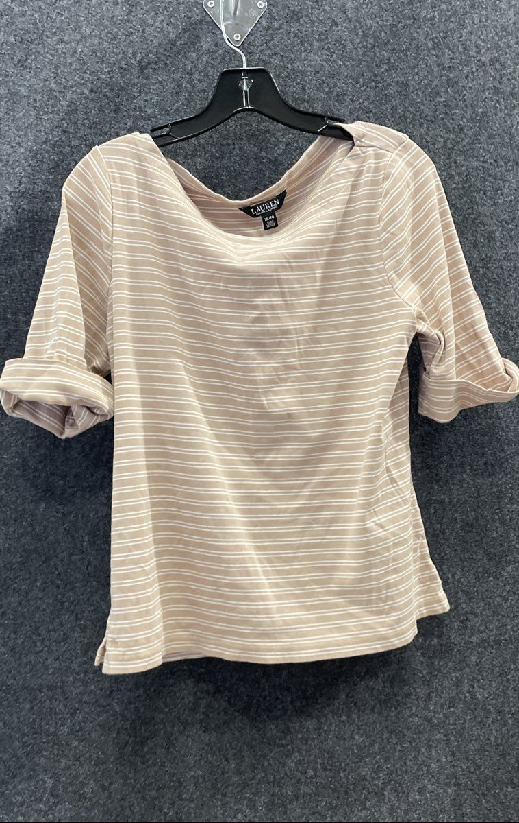 Lauren Ralph Lauren Women's Tan White Striped Boat Neck 3/4 Sleeve Shirt Sz XL