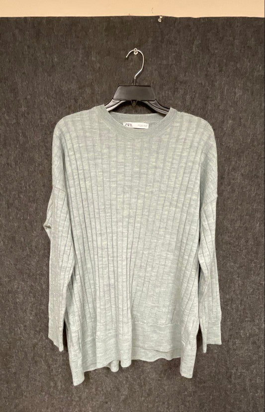 Zara Women's Light Blue Heather Ribbed Knit Crew Neck Sweater Side Slit Sz S