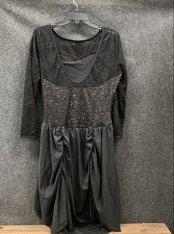 Women's Black Sequin Lace Long Sleeve Dance Costume Draped Skirt Dress