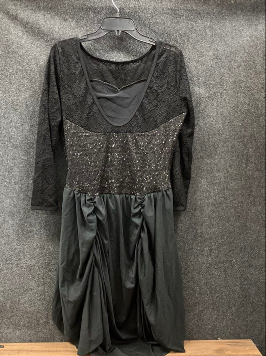 Women's Black Sequin Lace Long Sleeve Dance Costume Draped Skirt Dress