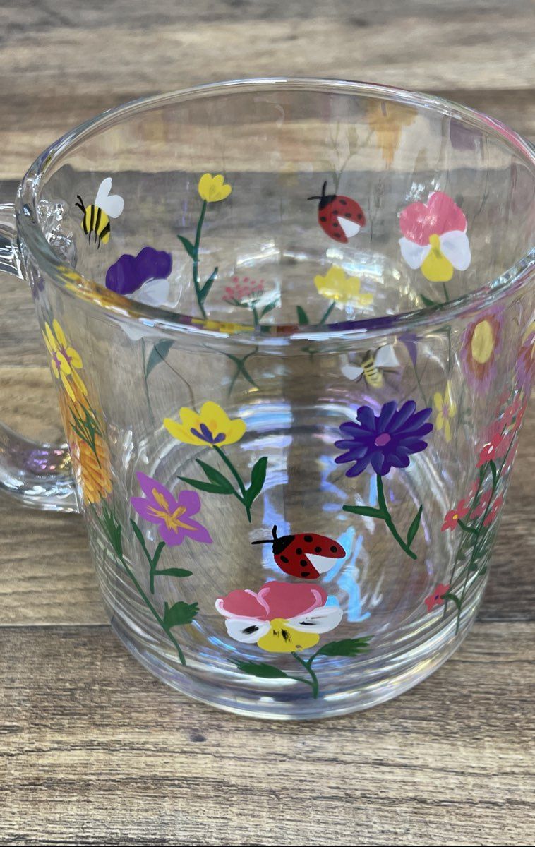 Hand Painted Glass Mug Wildflower Garden Ladybug Bee Floral Clear Coffee Cup