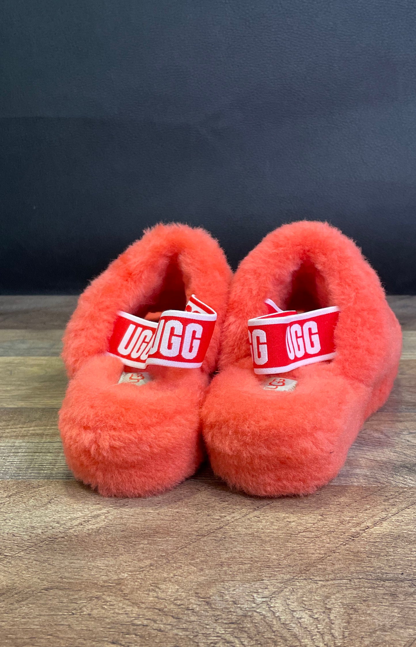 UGG Fluff Yeah Slide Coral Pink Sheepskin Elastic Strap Slippers Women's Size 7