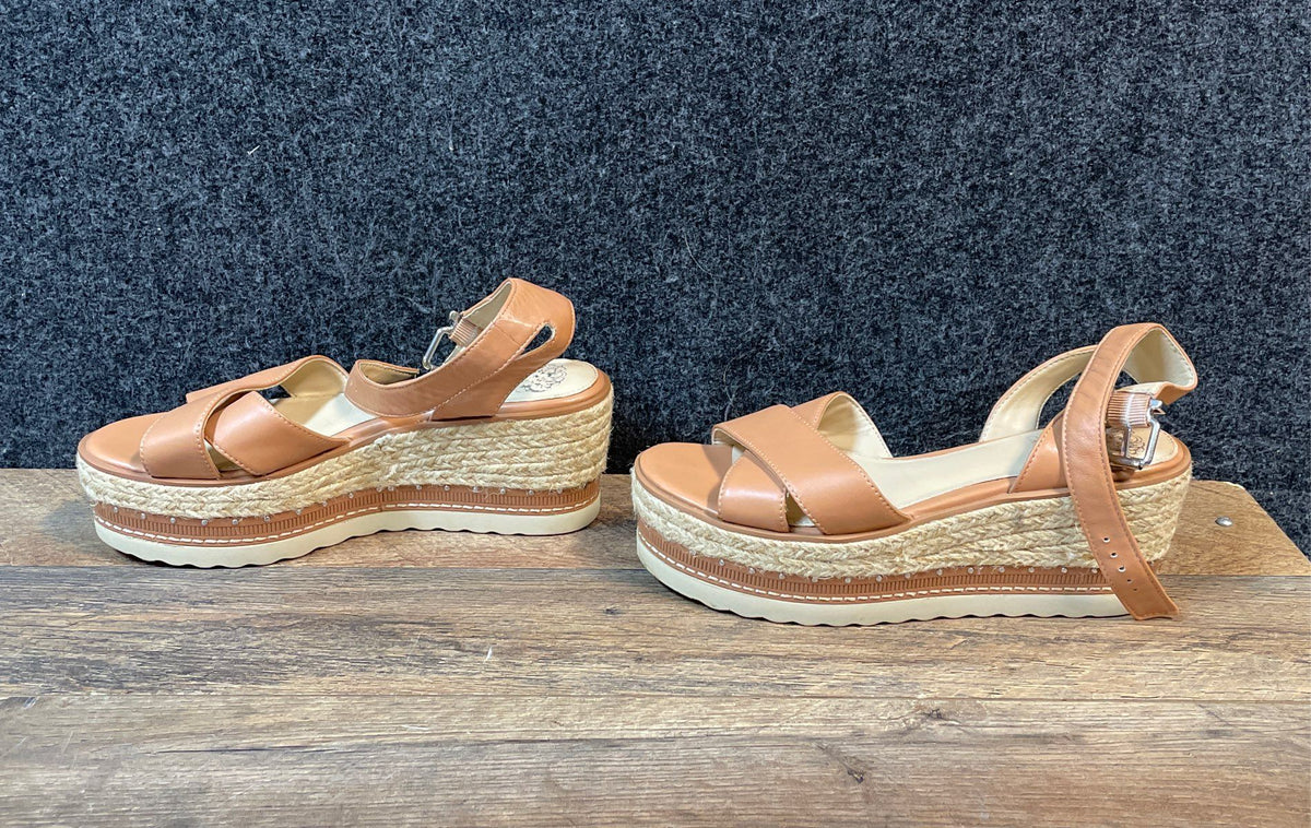 Vince Camuto Martinda Tan Leather Espadrille Platform Wedge Sandals Size 7.5