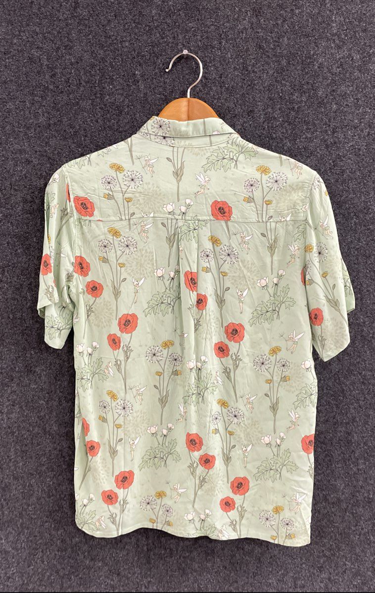 Disney Our Universe Tinker Bell Poppy Floral Rayon Button Up Shirt Sage Sz SM