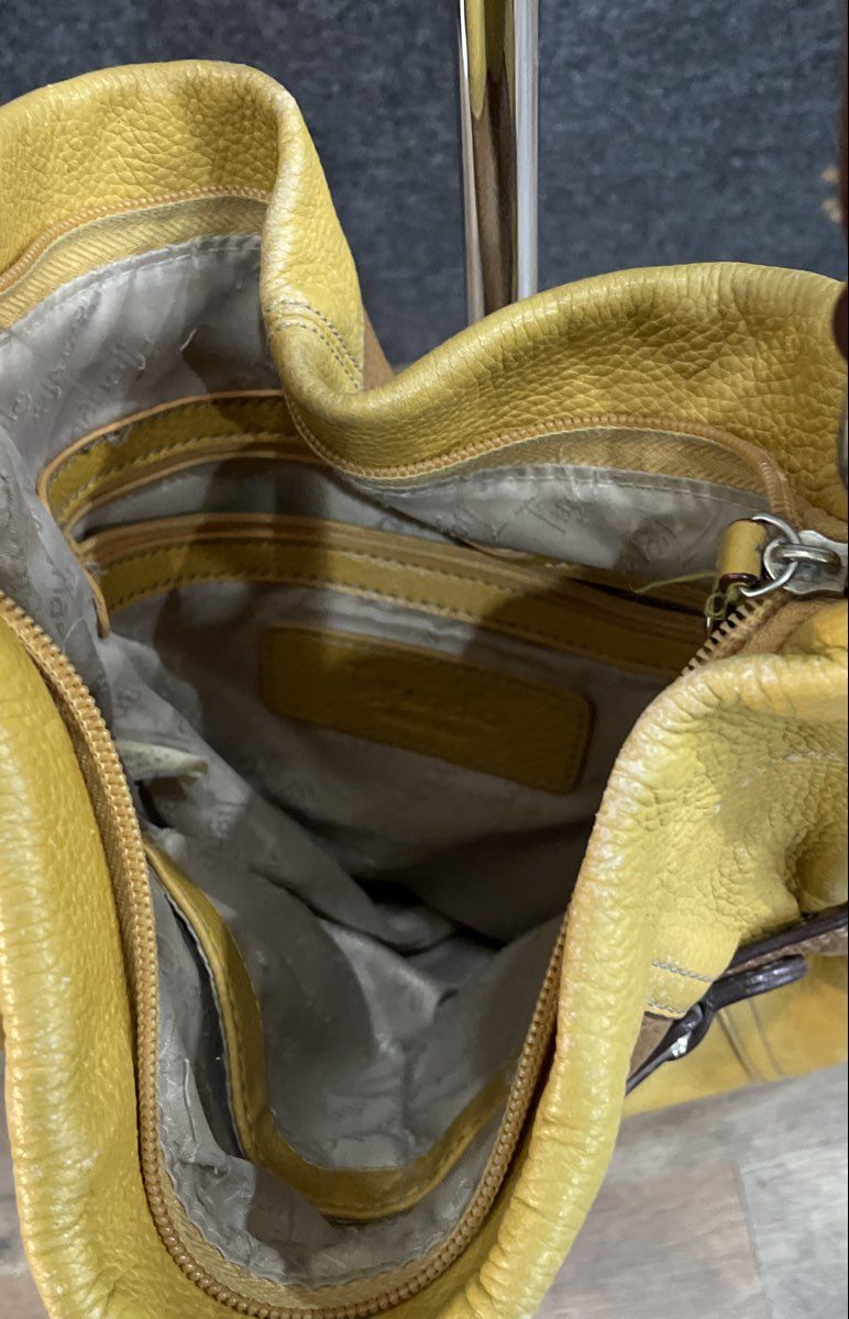 Tignanello Yellow Pebbled Leather Hobo Shoulder Bag Brown Trim Buckle