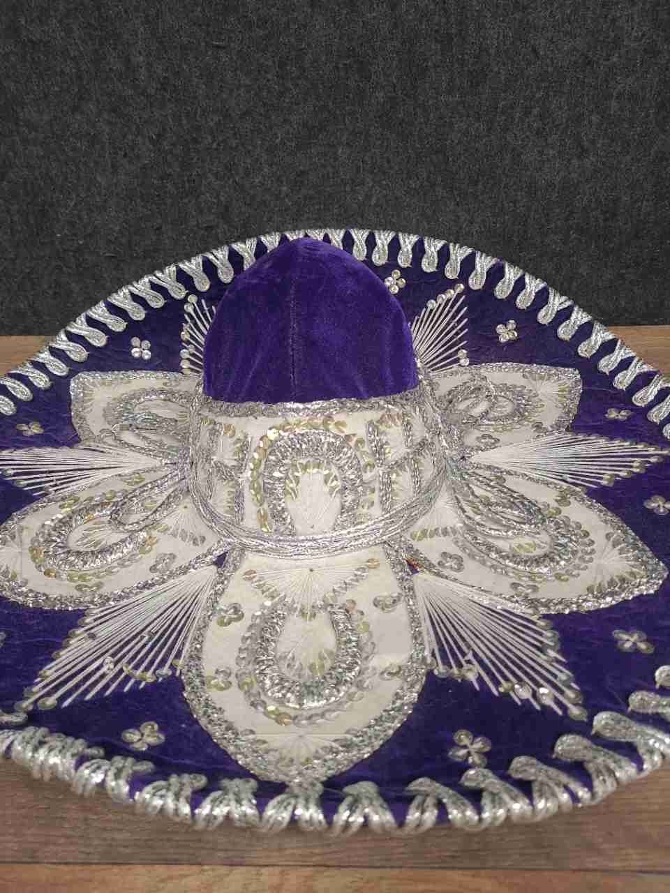 Vintage Pigalle Purple Velvet Mariachi Sombrero Silver Embroidered 21" Mexico