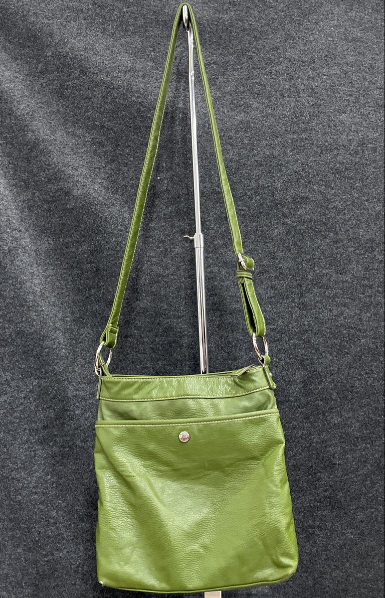 Franco Sarto Green Leather Crossbody Messenger Bag Silver Hardware Multi-Pocket