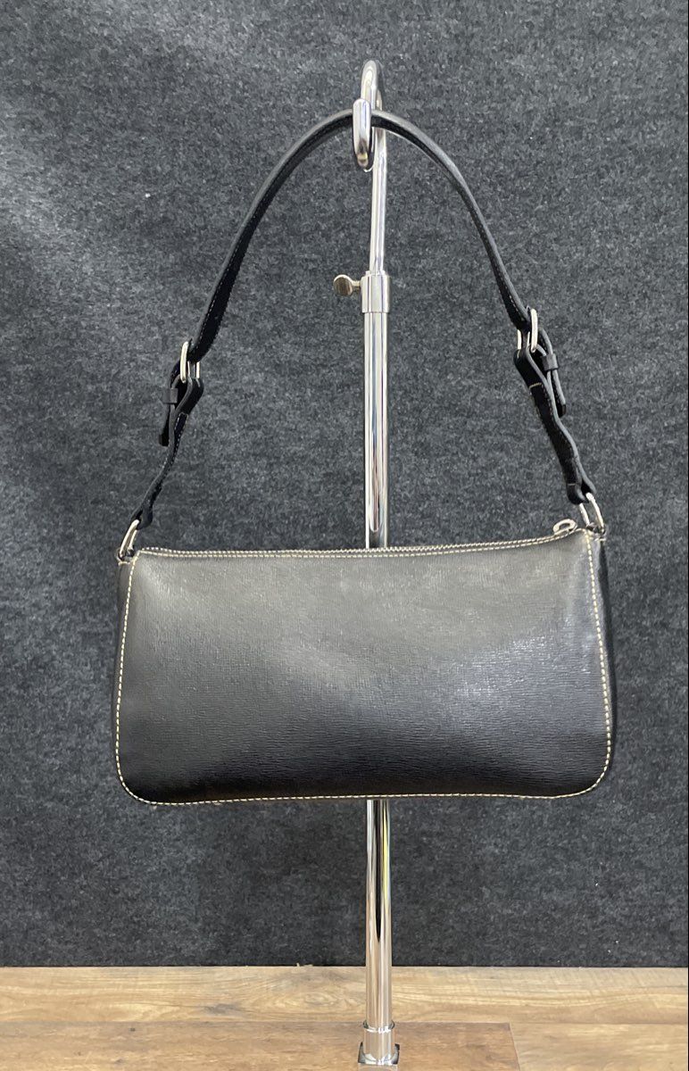 Ann Taylor Black Textured Baguette Shoulder Bag Toile Lining Contrast Stitch