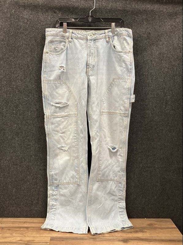 Zara Men's Light Wash Distressed Ripped Double Knee Carpenter Jeans Sz 34