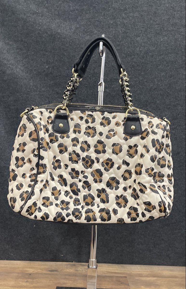 Betsey Johnson White Leopard Print Quilted Satchel Handbag Gold Tone Hardware