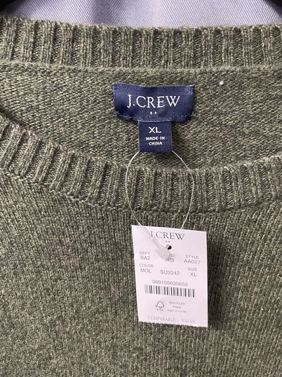 J. Crew Men's Olive Green Lambs Wool Blend Raglan Crewneck Sweater XL NWT