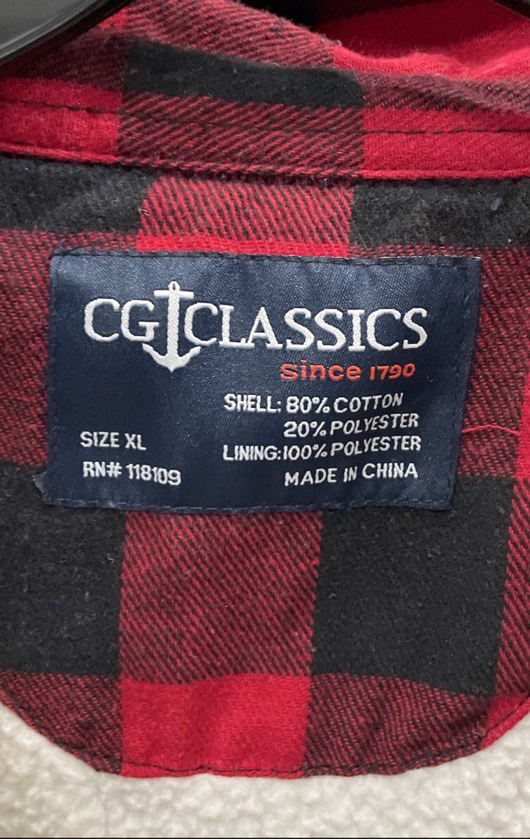 CG Classics Men's Red Black Buffalo Check Plaid Sherpa Lined Shirt Jacket Sz XL