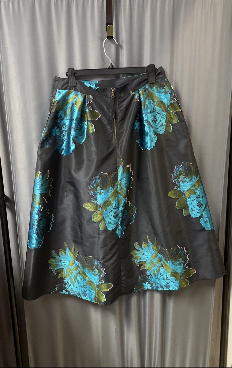 Maeve Anthropologie Women's Gray Blue Metallic Floral Jacquard A-Line Skirt 12